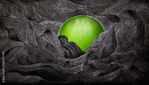 visual guide for inner symbolism metaphysical battle esoteric tension charcoal black with lime highlight tactile density ritual objects abstract erosion layers frottage naturalist