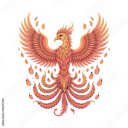 Vector art of a majestic phoenix rises from the ashes, its fiery wings spread wide, symbolizing rebirth and transformation, isolated on transparent background