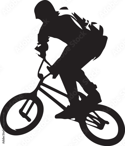 Silhouette of BMX Rider Mid-Air Performing Stunt with Backpack and Tilted Bicycle
