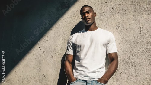 Confident man in white t-shirt posing under natural sunlight.