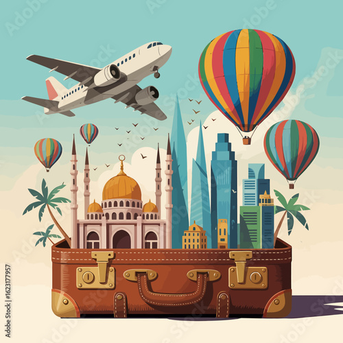Travel suitcase overflowing with global landmarks and hot air balloons