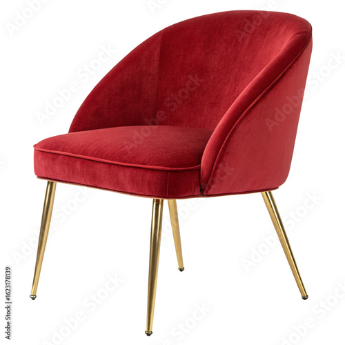 Modern and luxury red velvet chair with gold legs set isolated on white showing opulent design
