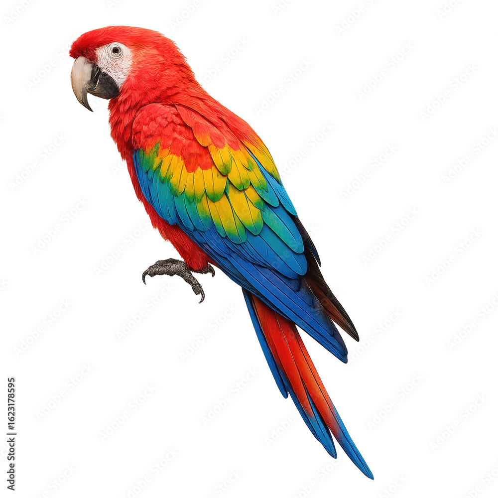 Obraz premium Red, yellow, and blue macaw parrot isolated on a white background, symbolizing tropical birds, vibrant colors, and exotic wildlife.