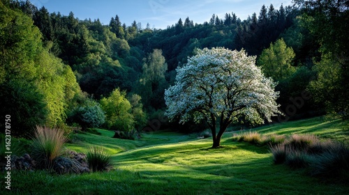 Springtime landscape with blossoming tree
