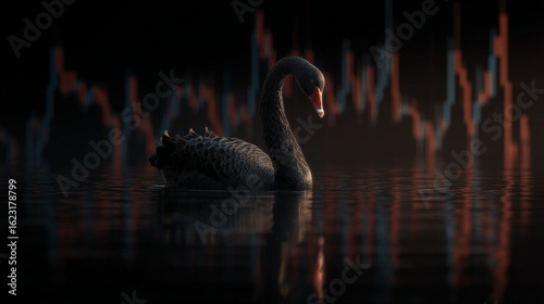 Fototapeta Naklejka Na Ścianę i Meble -  A black swan swimming in water with a blurred stock chart in the background on a dark day