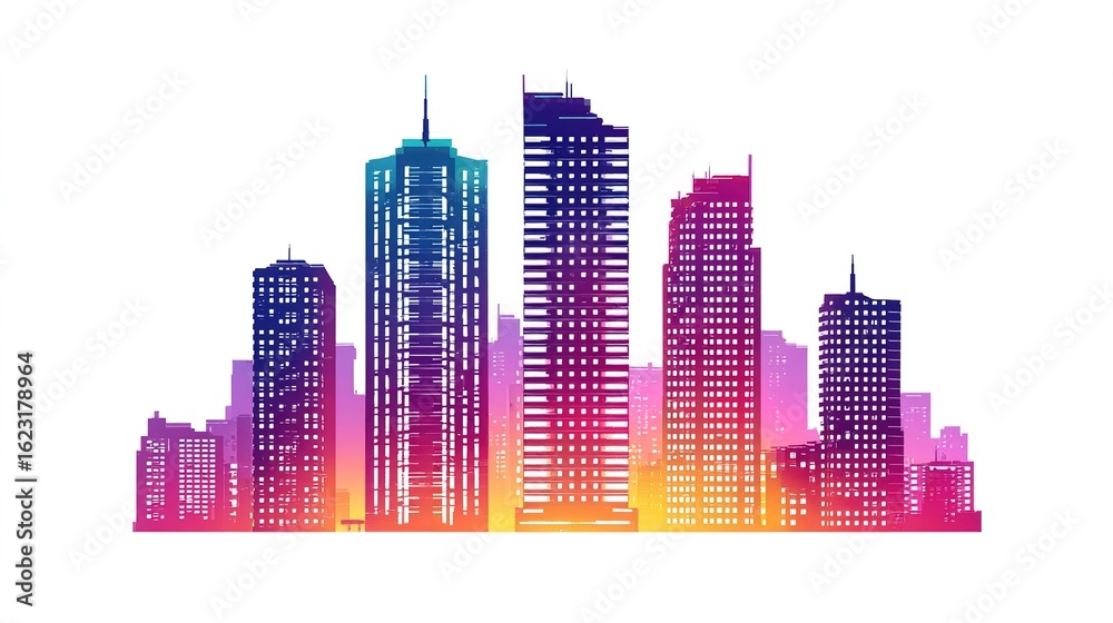 Naklejka premium Colorful Cityscape Silhouette with Gradient on White Background