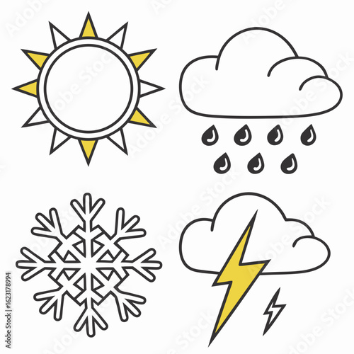 Weather icons depicting sun, cloud, rain, snow, and lightning isolated on white background