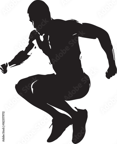 Silhouette of Person in Crouched Mid-Air Jump Pose for Athletic Energy and Movement

