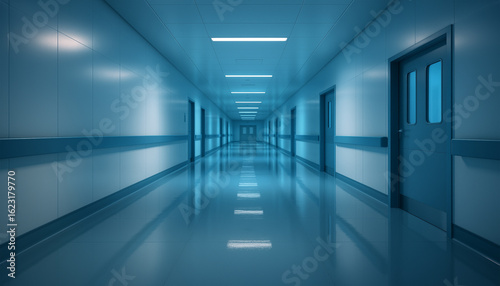 Wallpaper Mural Empty hospital corridor with clean reflective floors, blue walls, and fluorescent lighting representing sterile medical environment, healthcare infrastructure, and modern clinical architecture Torontodigital.ca