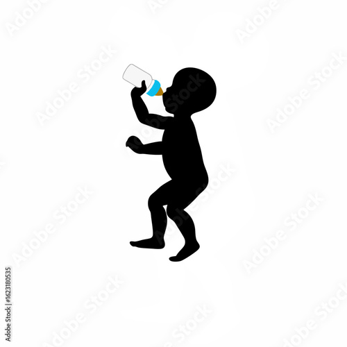 Silhouette of a baby sucking on bottle while holding a toy on white background