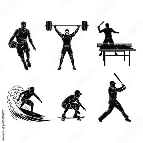 Art of collection of diverse athletes engaged in various sports and recreational activities, isolated on white background