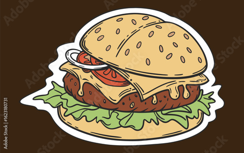 Vector of  a tasty cheeseburger with melted cheese lettuce and sesame bun sticker border