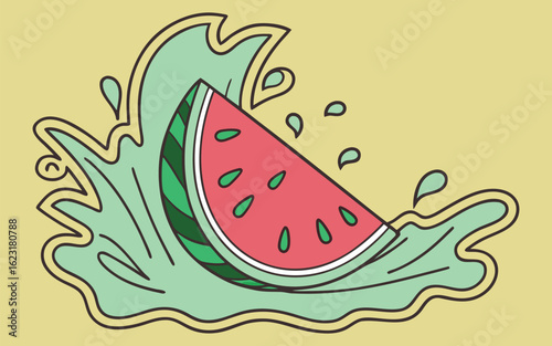 Vector of a juicy watermelon slice in green soda splash with white sticker outline.