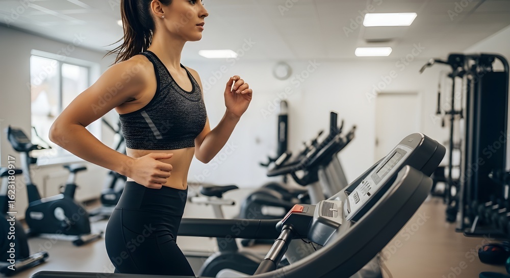 Fototapeta premium Fit woman in sportswear running on a treadmill during her cardio workout session at a modern gym.
