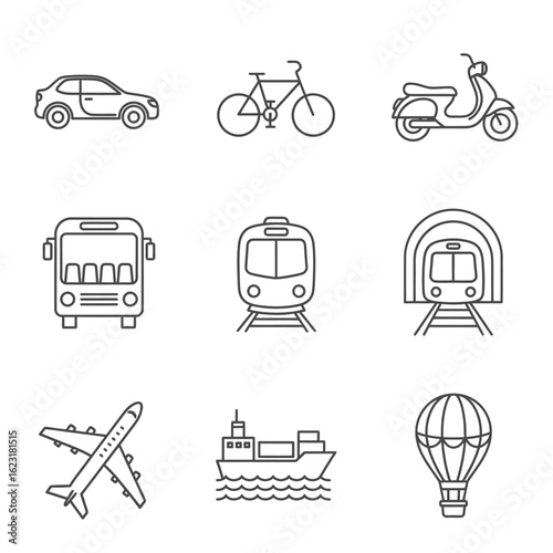 Icons of Various Modes of Transportation, Line Art Depicting Diverse Transportation Options