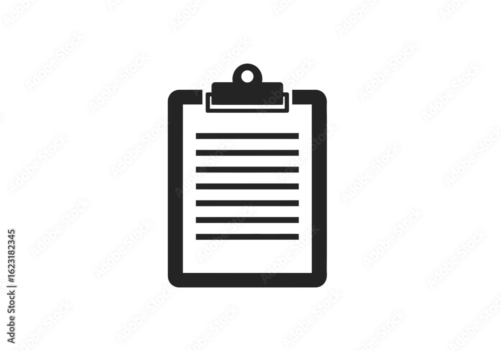 Black clipboard with blank paper and horizontal lines representing text on a white background Black clipboard with blank paper and horizontal lines representing text on a white background