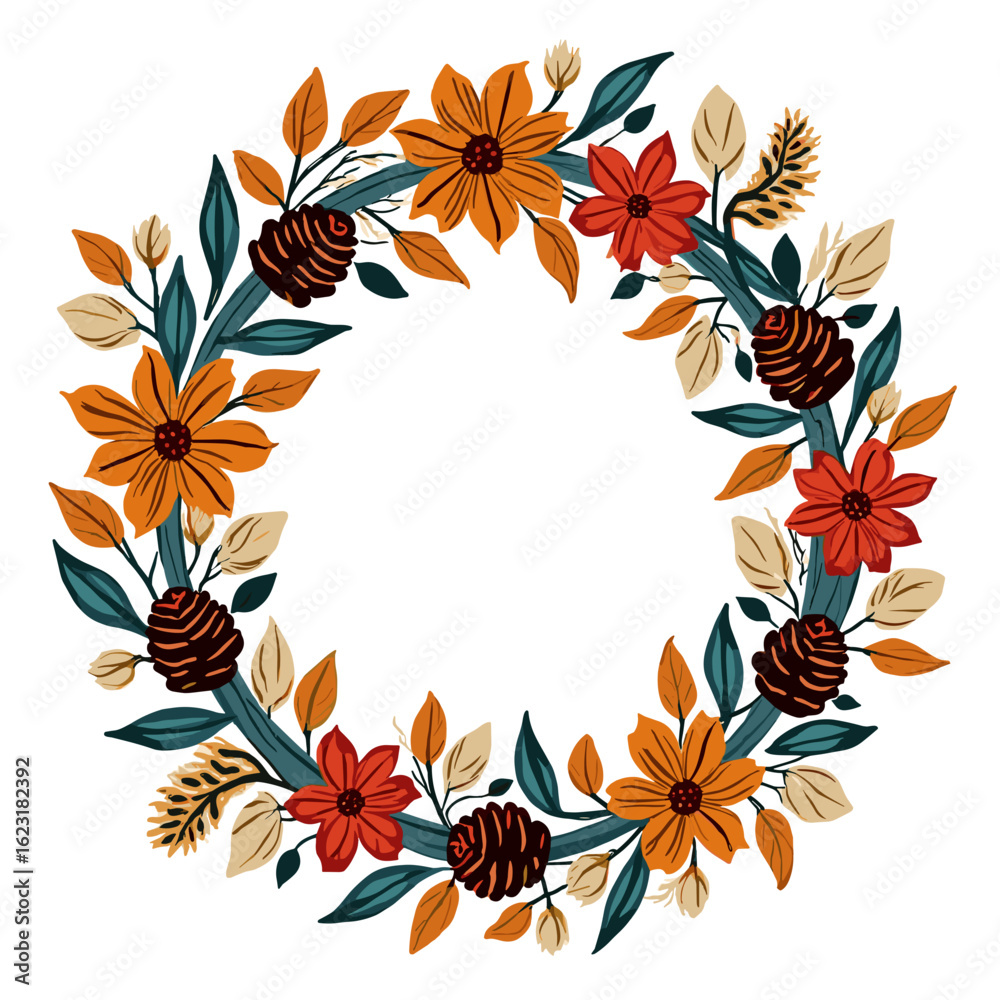 Obraz premium Flat graphic fall-themed circular wreath illustration with orange, red flowers, teal leaves, pine cones, ideal for seasonal cards, invitations, festive projects.