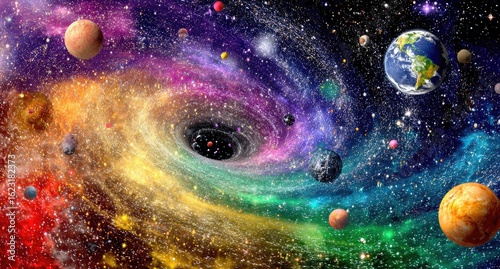 Colorful galaxy swirling around a black hole with planets