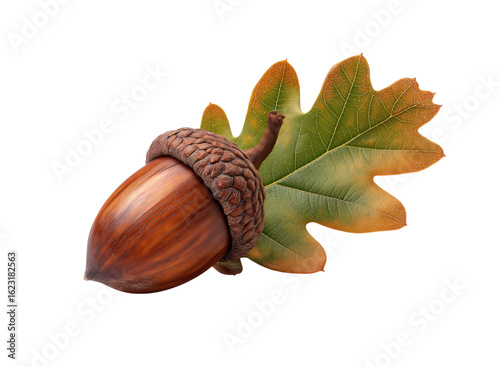 An acorn with an oak leaf, isolated on a transparent background in PNG format.