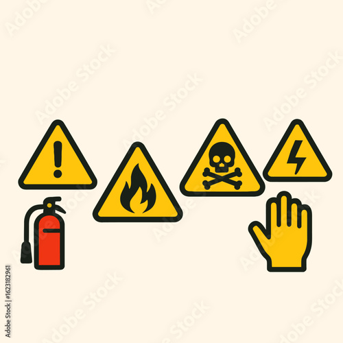 A vector illustration displaying various safety signs, including fire, electrical, and hazard symbols, along with fire extinguisher and a gloved hand, against a neutral background.