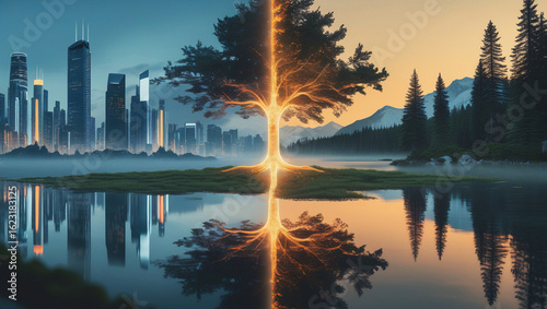 Split Landscape of City and Nature with Connecting Tree