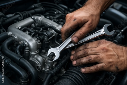 Close up of a mechanic's hands using a wrench to fix an engine car repair