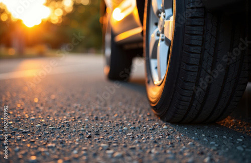 Wallpaper Mural Close-up of a car tire on asphalt road during sunset, highlighting the wheel and textured surface for automotive or transportation themes Torontodigital.ca