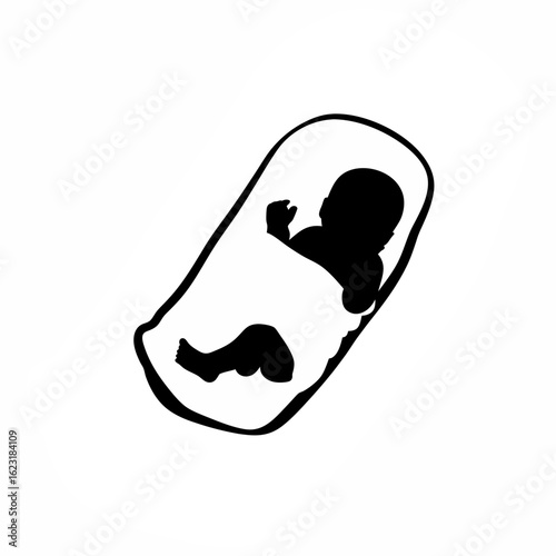 Silhouette of a baby swaddled in blanket and sleeping soundly on white background