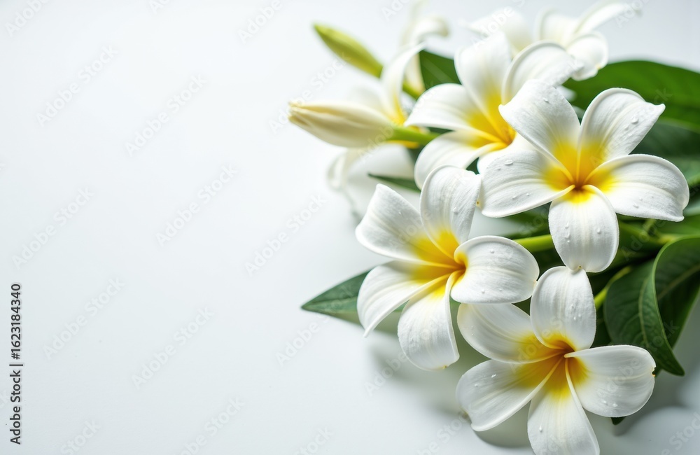 Obraz premium White plumeria flowers with yellow centers arranged on a white background creating a fresh floral composition