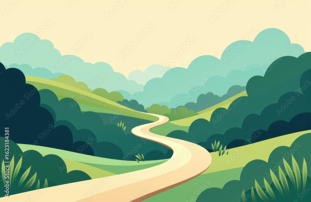 Obraz premium A peaceful landscape featuring a winding dirt path through lush green hills and trees under a soft sky