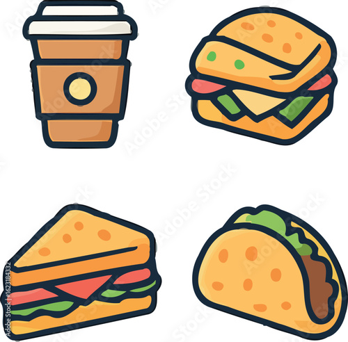 Cartoon Style Food Icons Coffee Burger Sandwich and Taco Illustration
