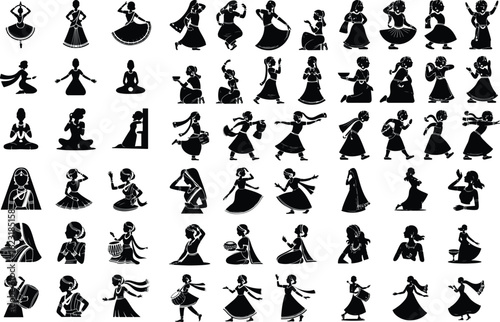 Girl in Traditional Indian Dress Silhouette Set – Cultural Icon Collection Indian Girl Silhouette Pack – Traditional Saree & Festive Pose Icons