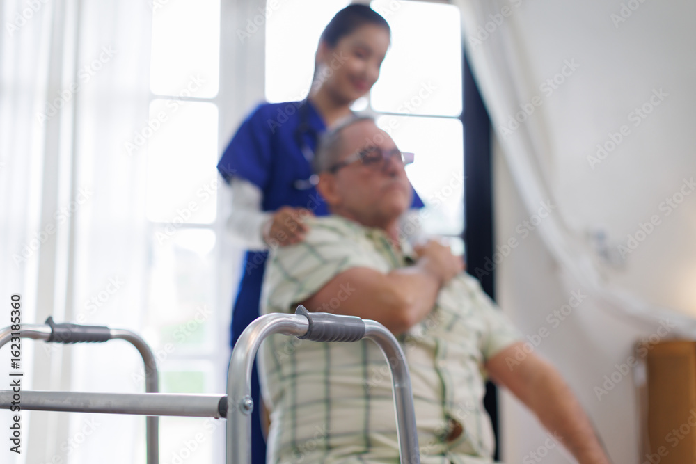 Obraz premium Help, support and wheelchair with nurse and old man for disability, rehabilitation and healing. Retirement, physiotherapy and healthcare with patient and black woman nursing home for medical caregiver