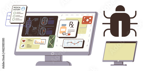 Medical data on screen, DNA strand, health charts, medical history file, malware icon, secondary screen. Ideal for technology, medicine, cybersecurity data security research innovation digital