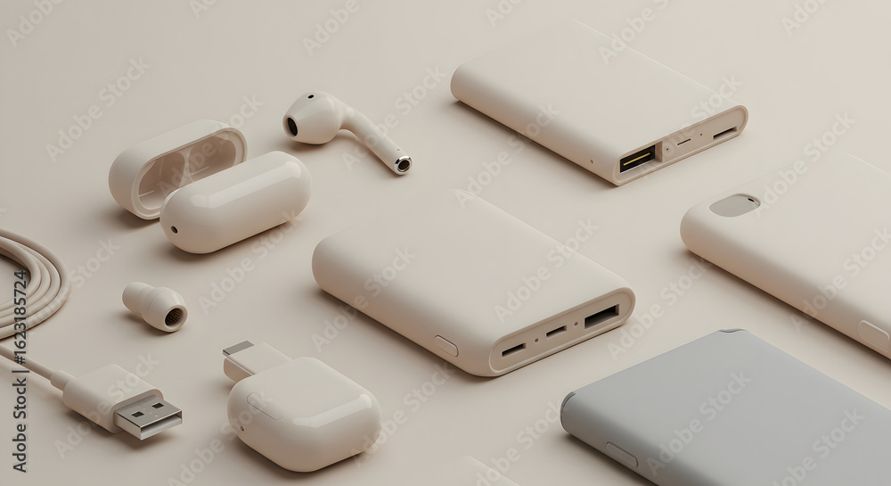 Fototapeta premium Minimalist Lifestyle: Pastel-Toned Technology Gadgets Arranged on a Neutral Surface Design