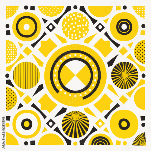 Abstract Geometric Pattern with Yellow and Black Circles and Squares
