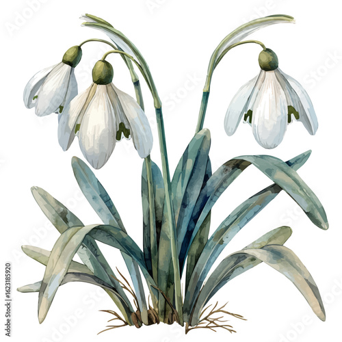 Snowdrop Flower, watercolor drawing vector, isolated on a white background.