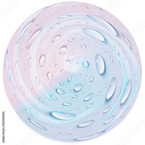 water drops on a flat pink and blue sphere