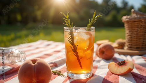 Refreshing peach iced tea with rosemary garnish on a picnic blanket in a sunny outdoor setting, with peaches and a basket nearby.