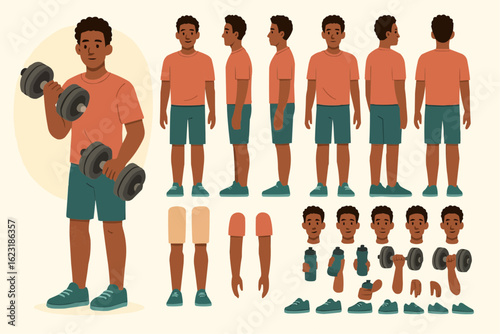 Sporty man wearing fitness clothes holding dumbbells. Character constructor for animation. Front, side and back view set. Body parts, postures, poses collection. Vector illustration.