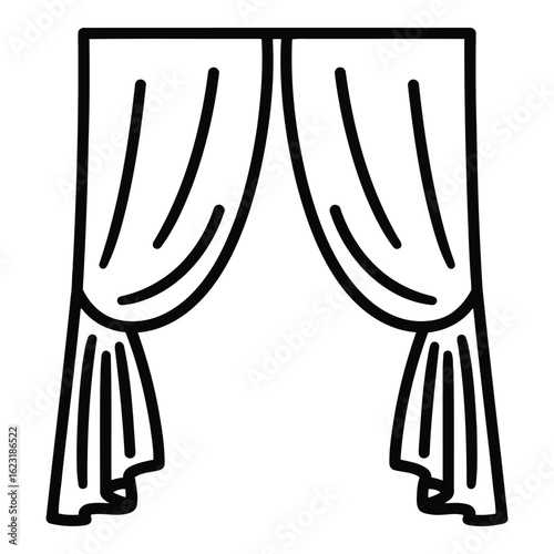 Art of simple outline drawing of elegant curtains hanging on a stage or window, isolated on white background
