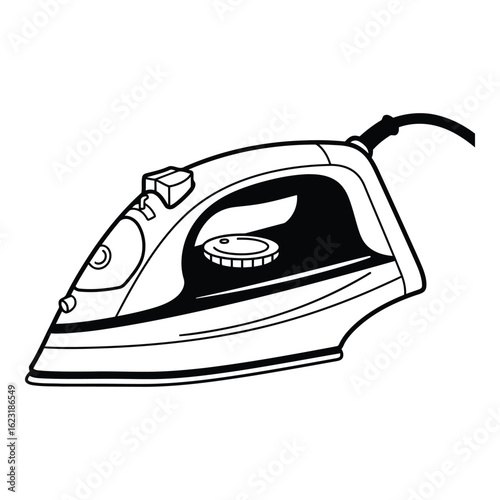 Art of a black and white outline drawing of a modern electric iron isolated on white background, a common household appliance for smoothing clothes