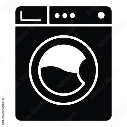 Art of modern front load washing machine icon with a circular door and control panel, isolated on white background