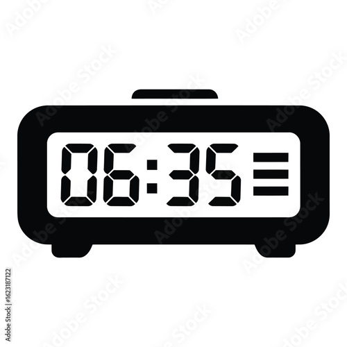 Art of black and white digital alarm clock displaying 0635, isolated on white background