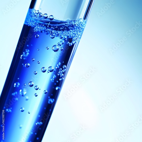 Closeup Bubbles in Blue Liquid Test Tube Science Experiment
