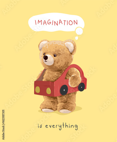 imagination slogan with cute bear doll in cardboard car toy vector illustration