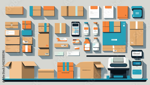 Flat lay illustration of various packaging and shipping supplies arranged neatly