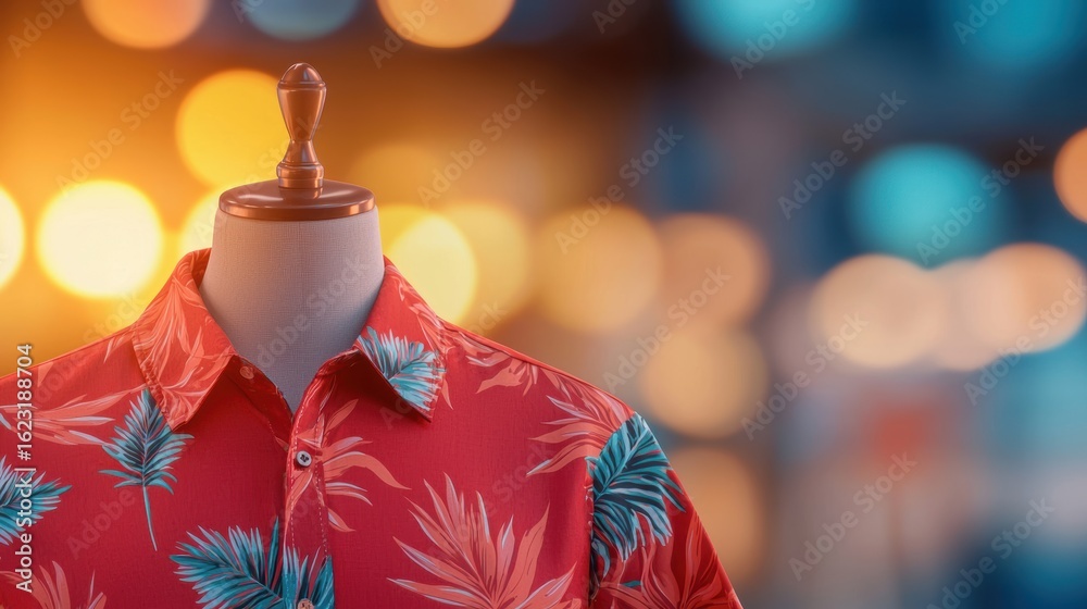 Obraz premium Red shirt with bold patterns displayed on a mannequin in a fashion boutique.