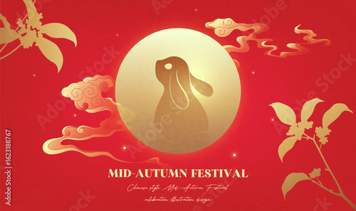 Red Chinese Mid-Autumn Festival blessing full moon and rabbit horizontal illustration