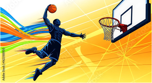 Basketball Player Dunking Ball into Hoop Vector Illustration